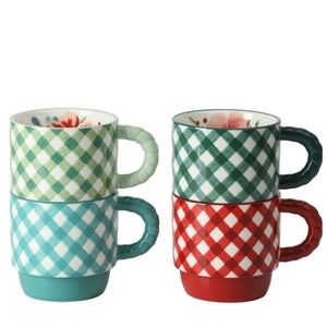 🎄 New Pioneer Woman Merry Meadow Gingham 5-Piece Stacking Mugs with Rack